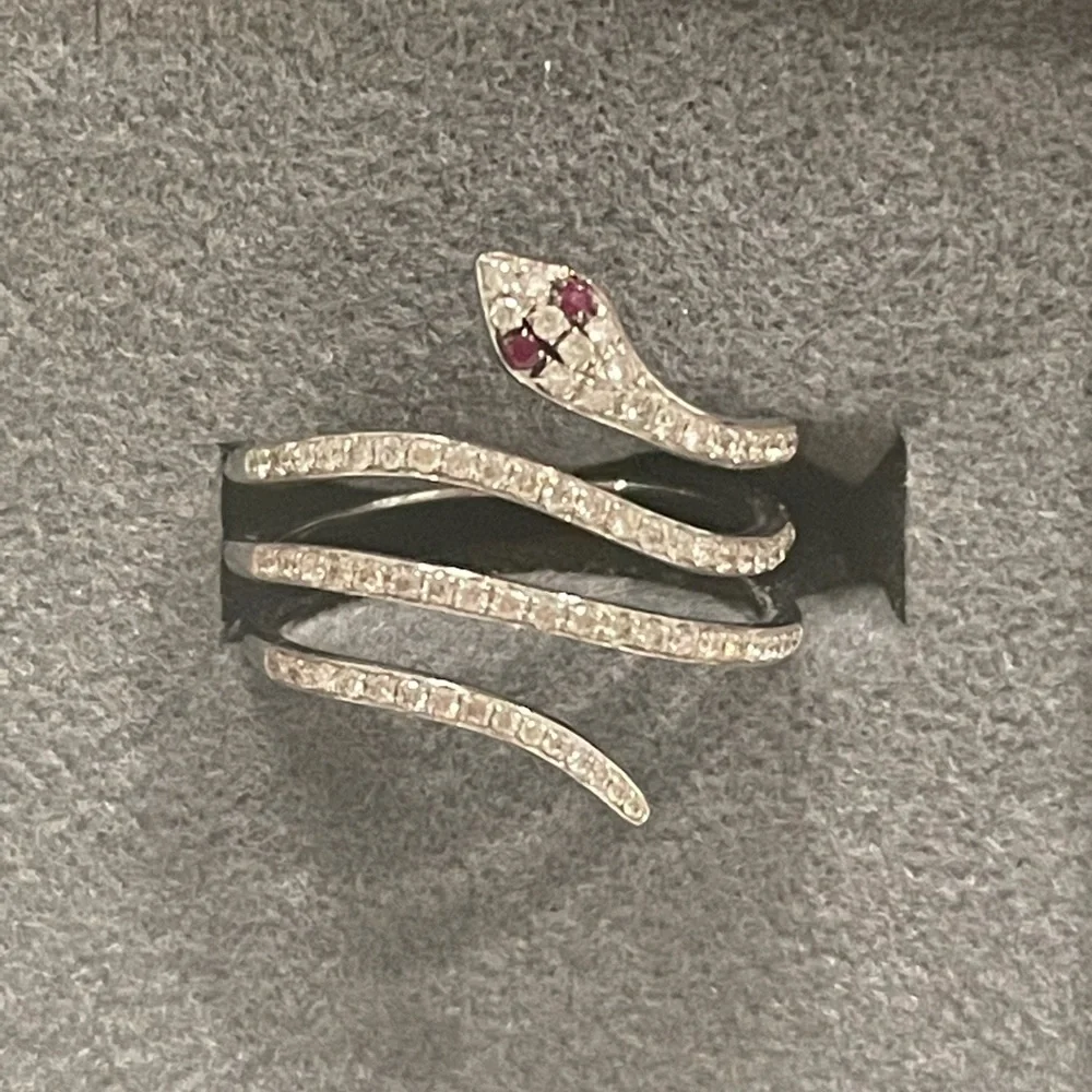 Anne Sisteron snake 14k white gold, .33 carats natural diamonds, .02 ruby size 6